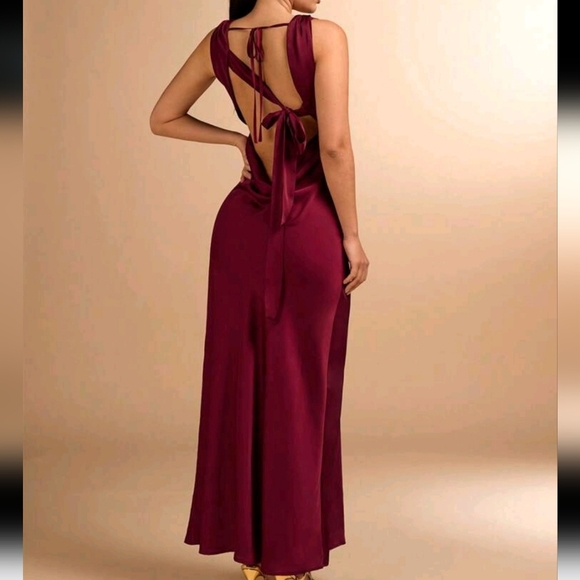 Wine Red Satin Backless Evening Dress For Women - Picture 1 of 4